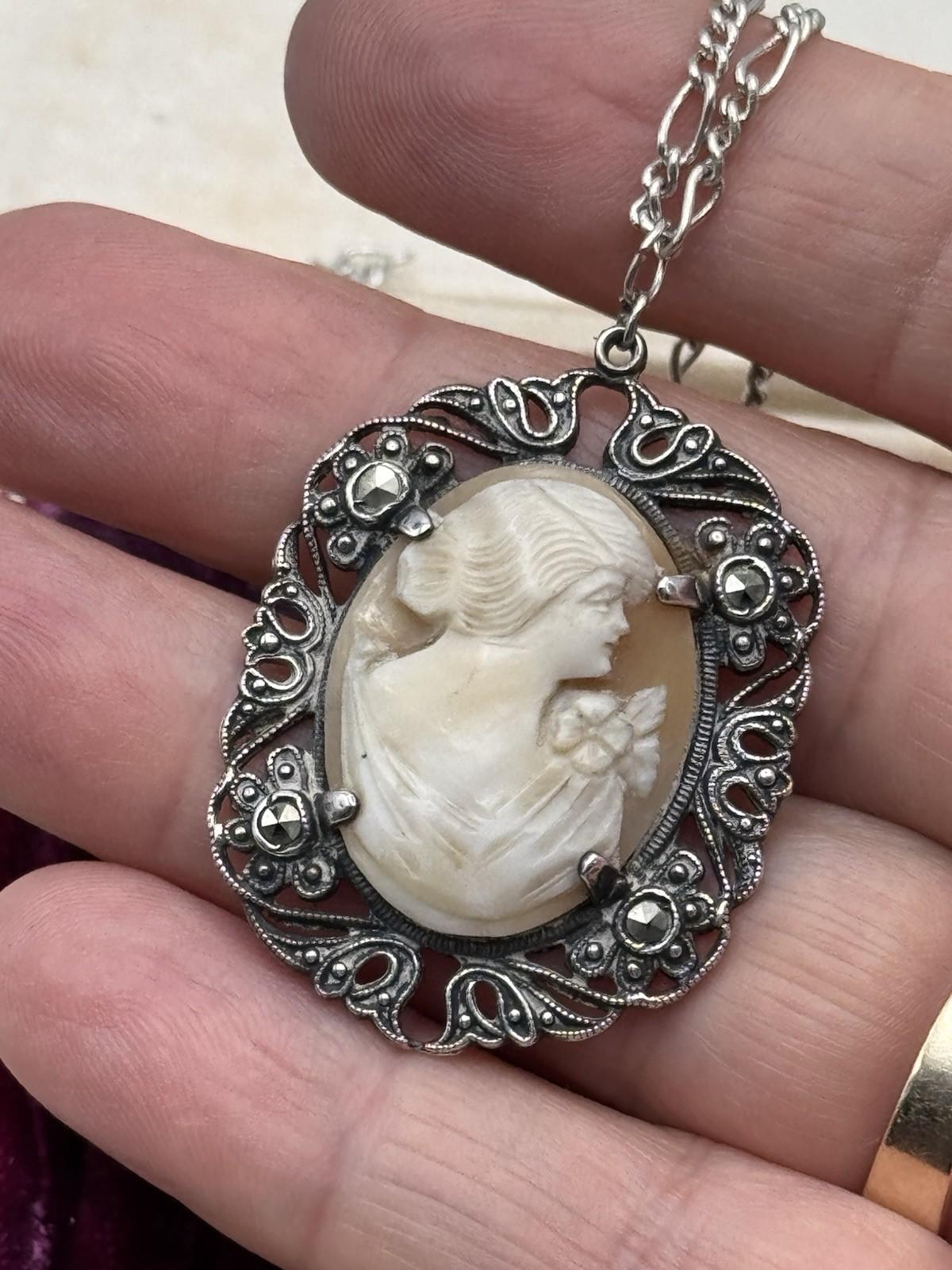 Sterling Cameo Pendant Marcasite Accents 18in Silvertone Chain Lady 1.5x1.2