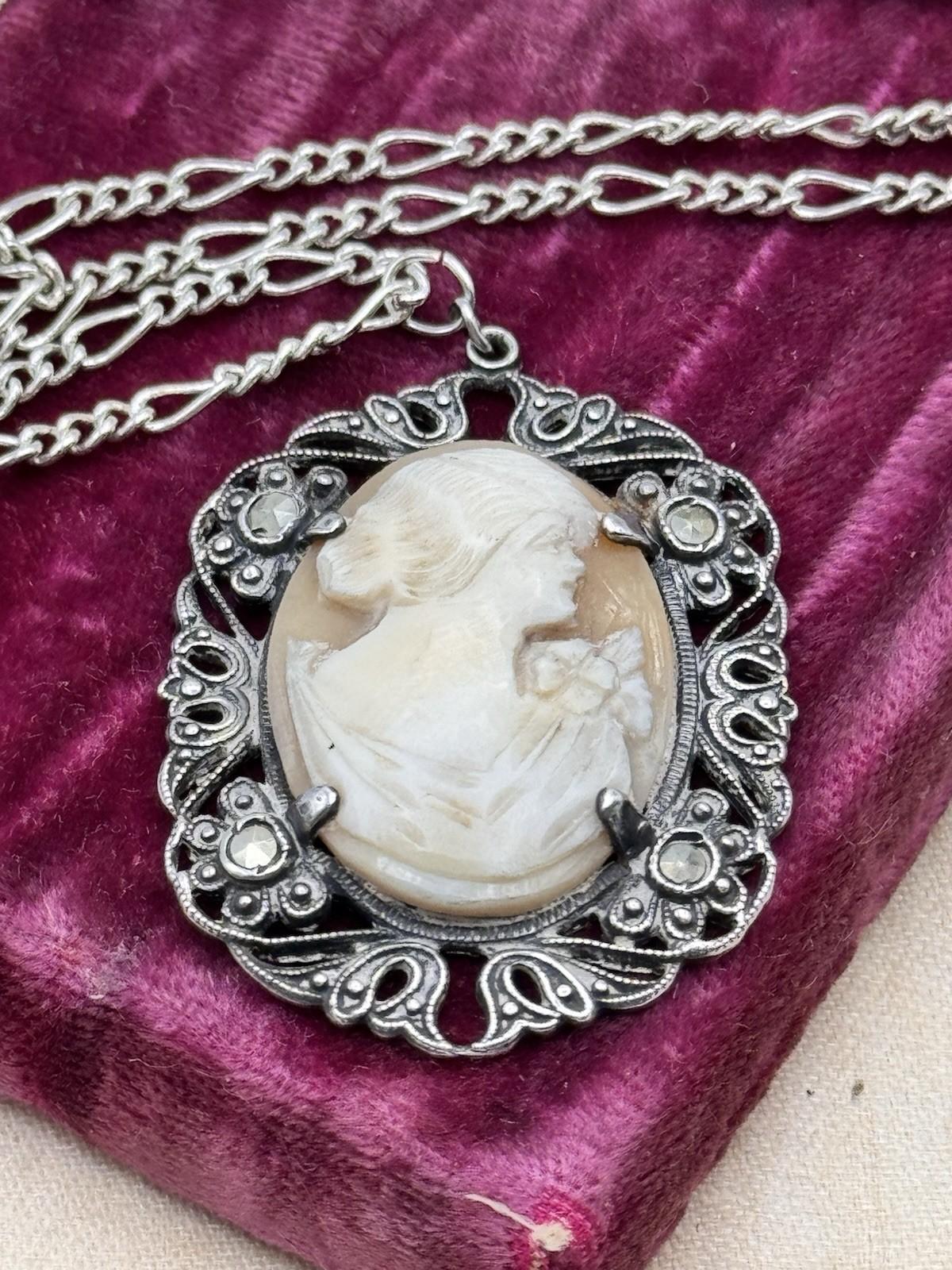Sterling Cameo Pendant Marcasite Accents 18in Silvertone Chain Lady 1.5x1.2