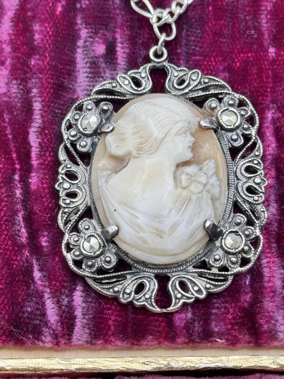 Sterling Cameo Pendant Marcasite Accents 18in Silvertone Chain Lady 1.5x1.2
