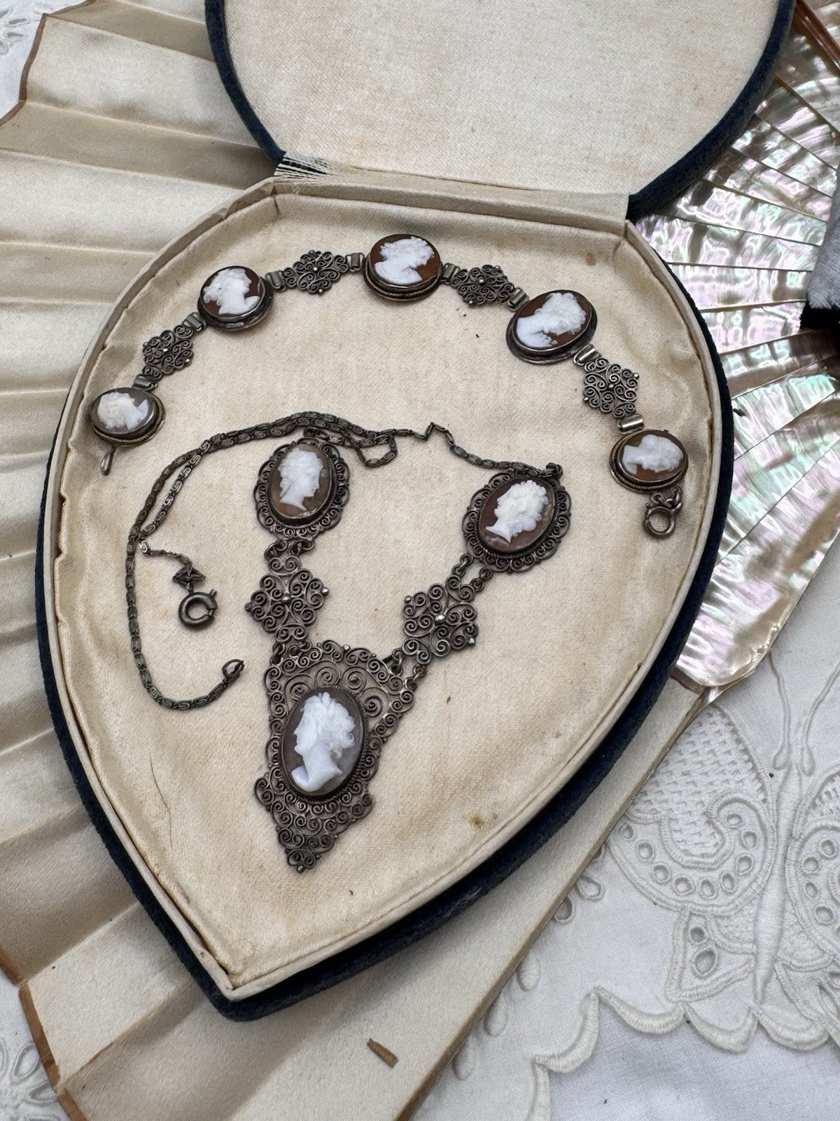 Bracelet & Necklace Set 800 Silver Filigree Shell Cameo Portrait Vintage 16” 6.5”