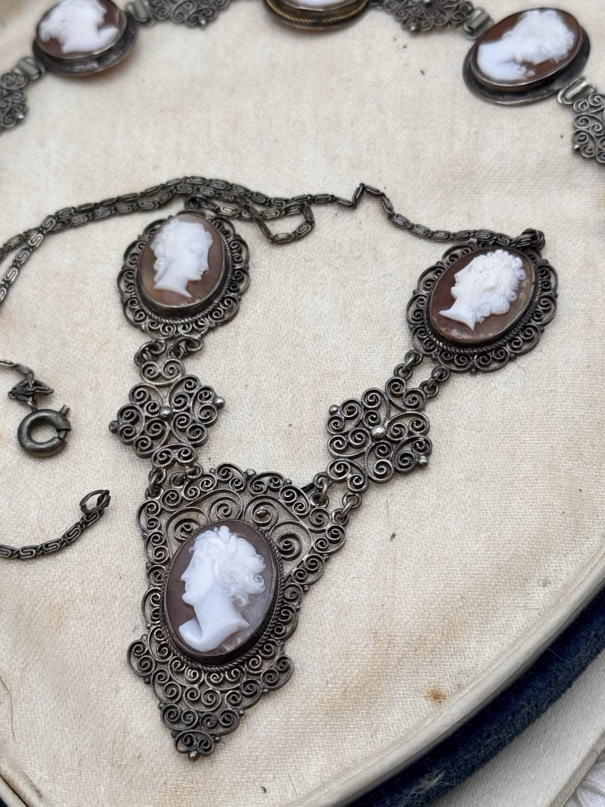 Bracelet & Necklace Set 800 Silver Filigree Shell Cameo Portrait Vintage 16” 6.5”