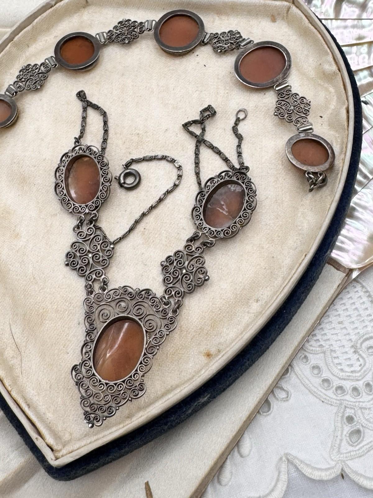 Bracelet & Necklace Set 800 Silver Filigree Shell Cameo Portrait Vintage 16” 6.5”