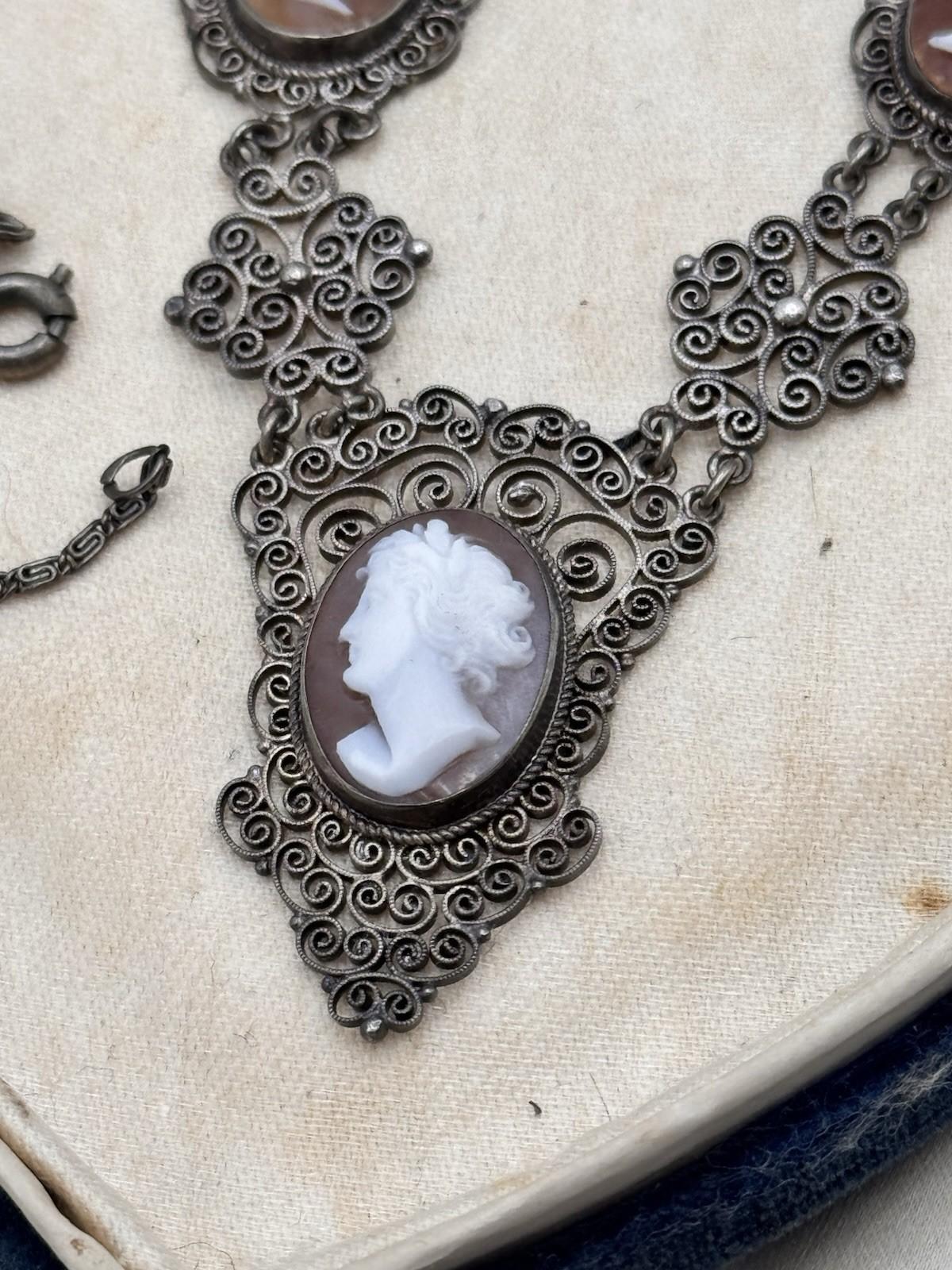 Bracelet & Necklace Set 800 Silver Filigree Shell Cameo Portrait Vintage 16” 6.5”
