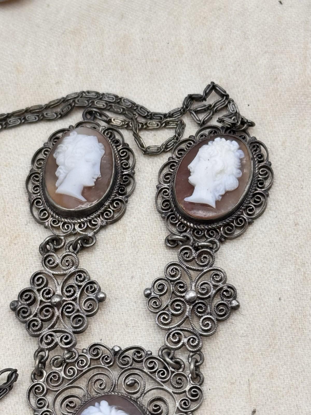 Bracelet & Necklace Set 800 Silver Filigree Shell Cameo Portrait Vintage 16” 6.5”