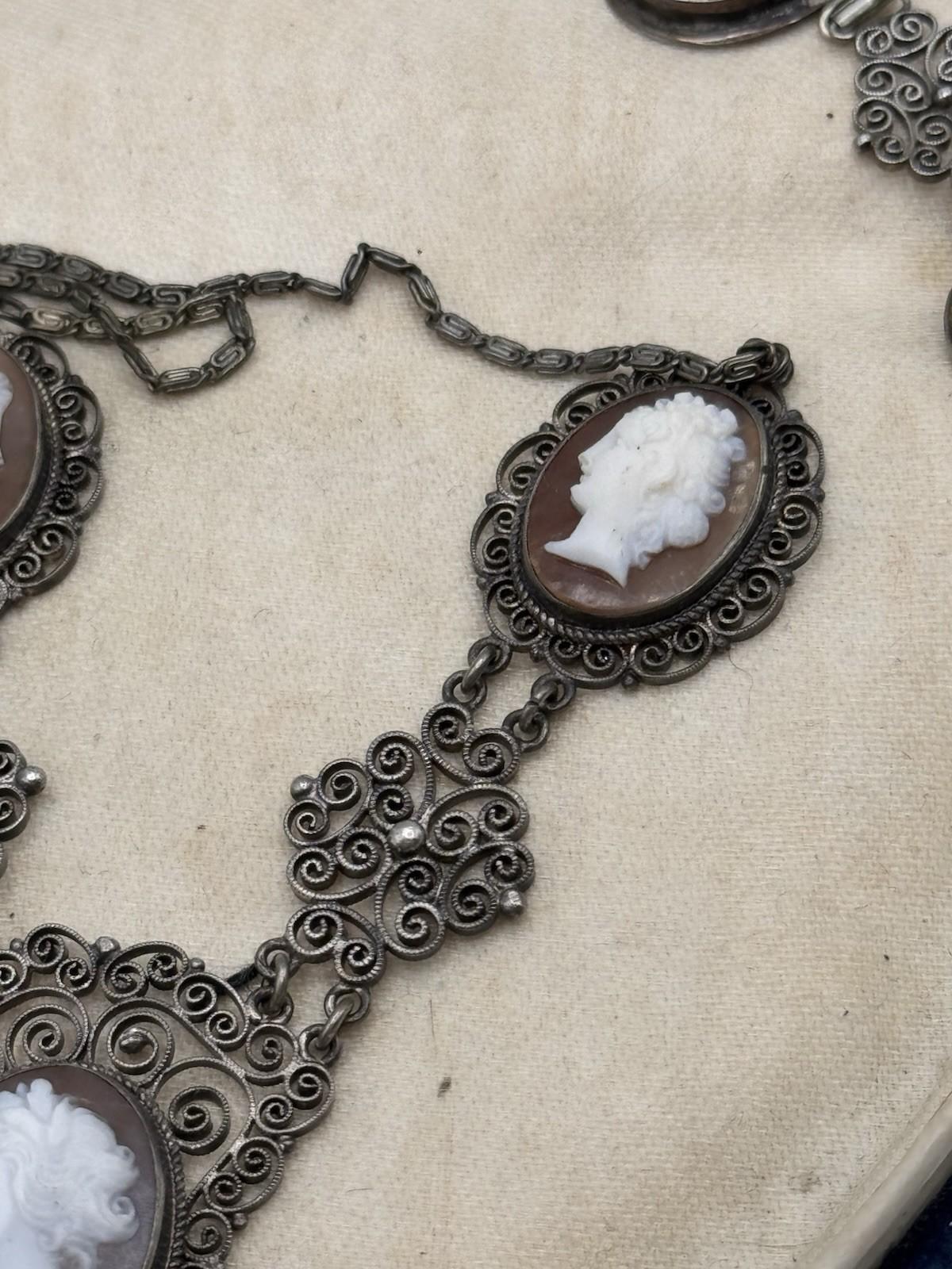 Bracelet & Necklace Set 800 Silver Filigree Shell Cameo Portrait Vintage 16” 6.5”