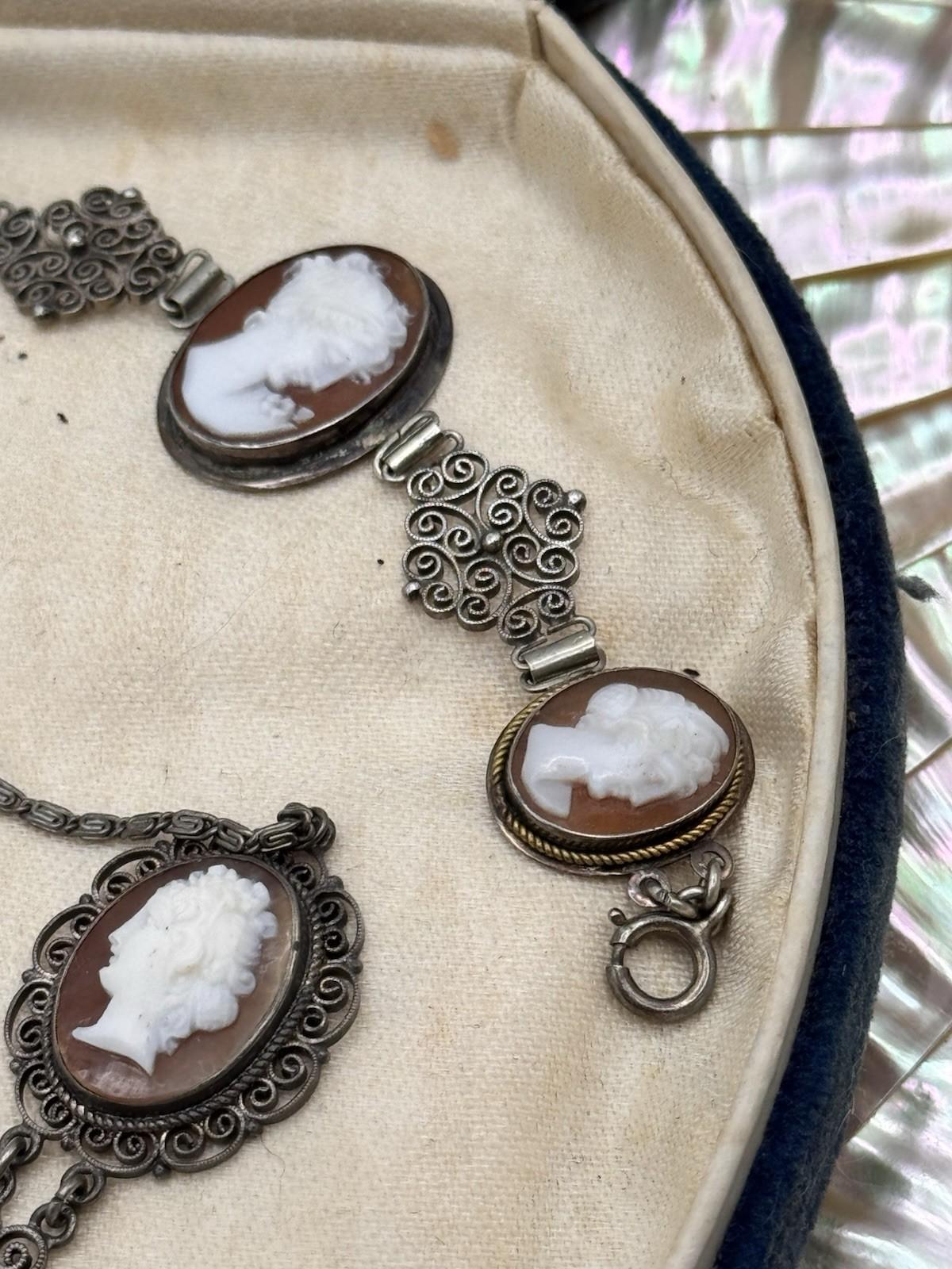 Bracelet & Necklace Set 800 Silver Filigree Shell Cameo Portrait Vintage 16” 6.5”