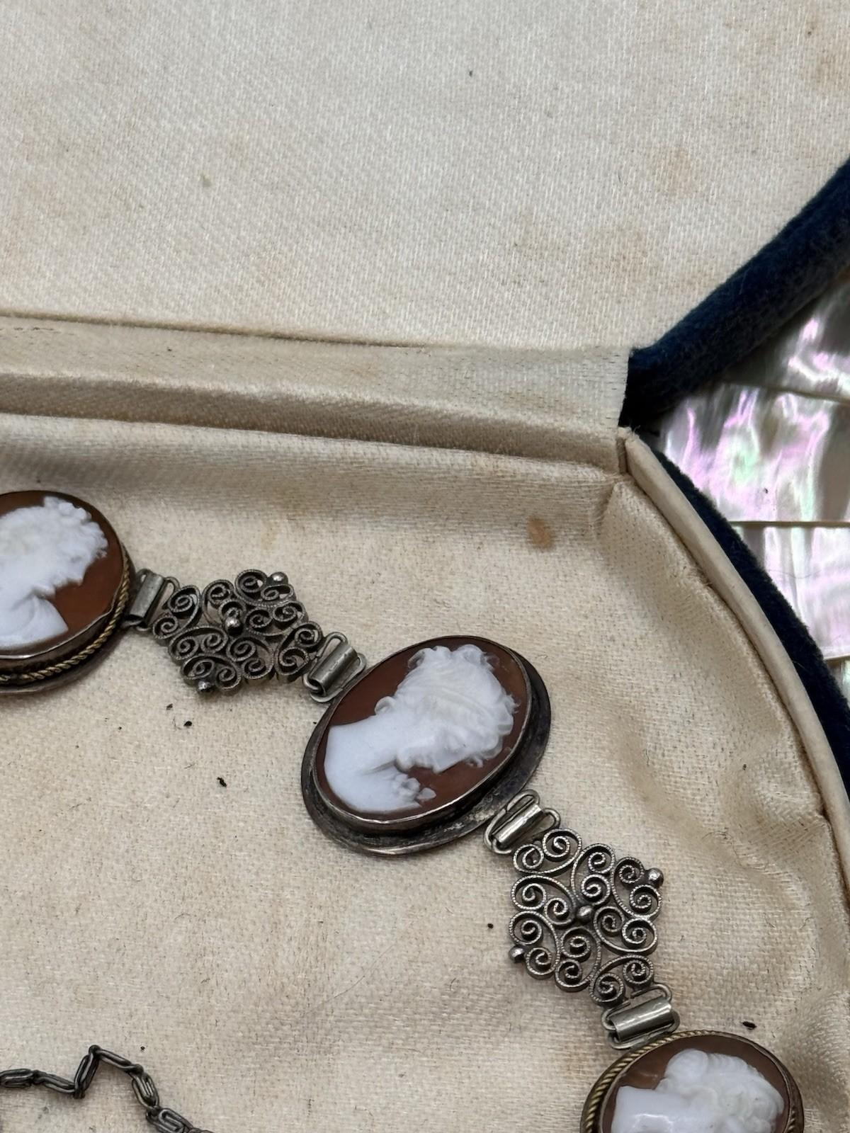 Bracelet & Necklace Set 800 Silver Filigree Shell Cameo Portrait Vintage 16” 6.5”