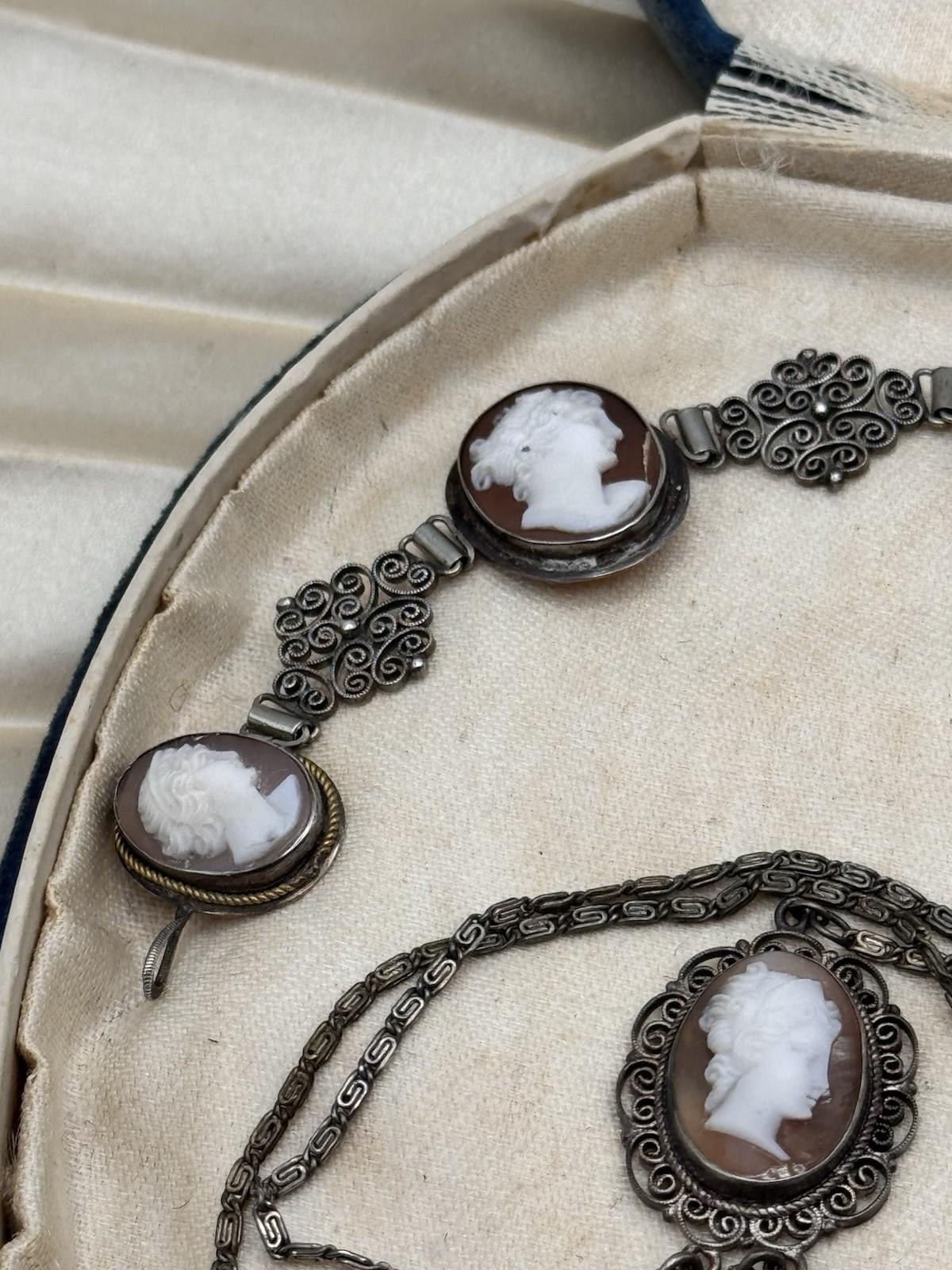 Bracelet & Necklace Set 800 Silver Filigree Shell Cameo Portrait Vintage 16” 6.5”