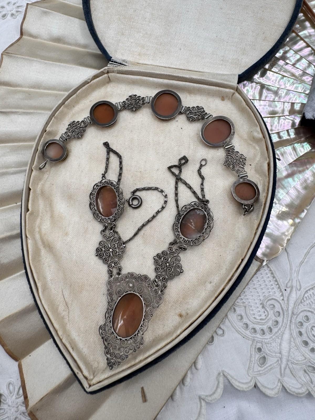 Bracelet & Necklace Set 800 Silver Filigree Shell Cameo Portrait Vintage 16” 6.5”