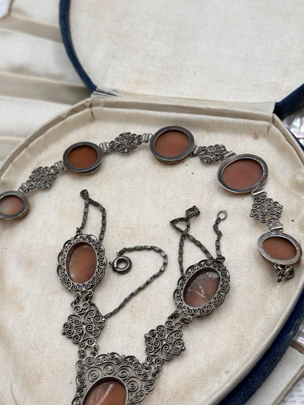 Bracelet & Necklace Set 800 Silver Filigree Shell Cameo Portrait Vintage 16” 6.5”