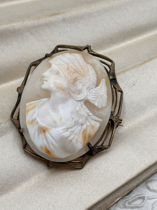 Vintage Cameo Brooch Shell Carved Goldtone Frame Art Nouveau Style