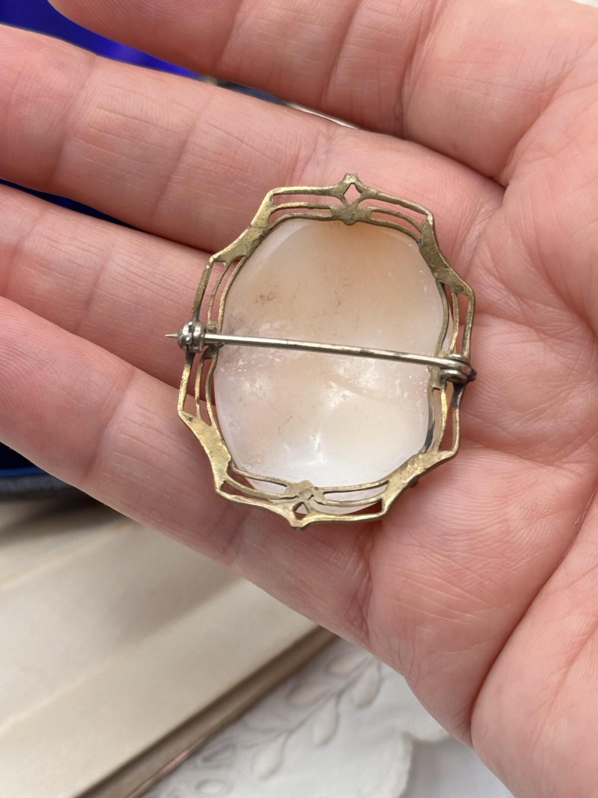 Vintage Cameo Brooch Shell Carved Goldtone Frame Art Nouveau Style