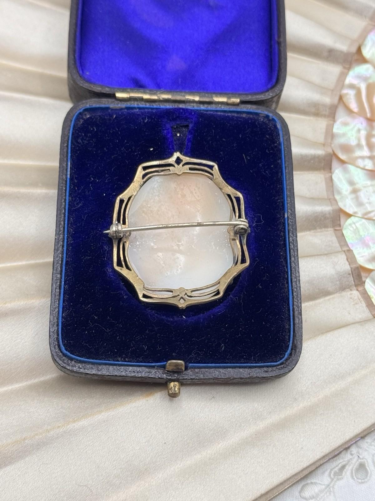 Vintage Cameo Brooch Shell Carved Goldtone Frame Art Nouveau Style