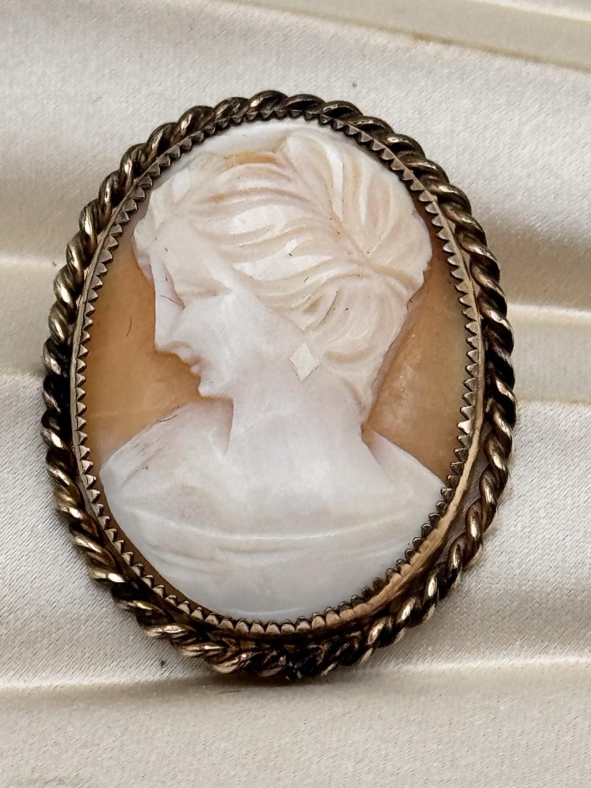 Vintage Goldtone Cameo Brooch Pendant Left Facing Lady Rope Frame