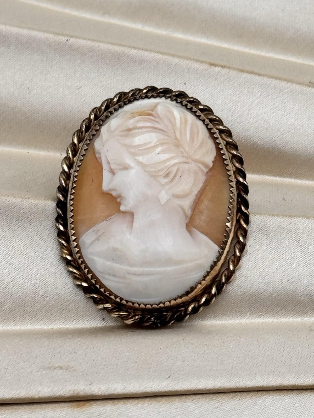 Vintage Goldtone Cameo Brooch Pendant Left Facing Lady Rope Frame