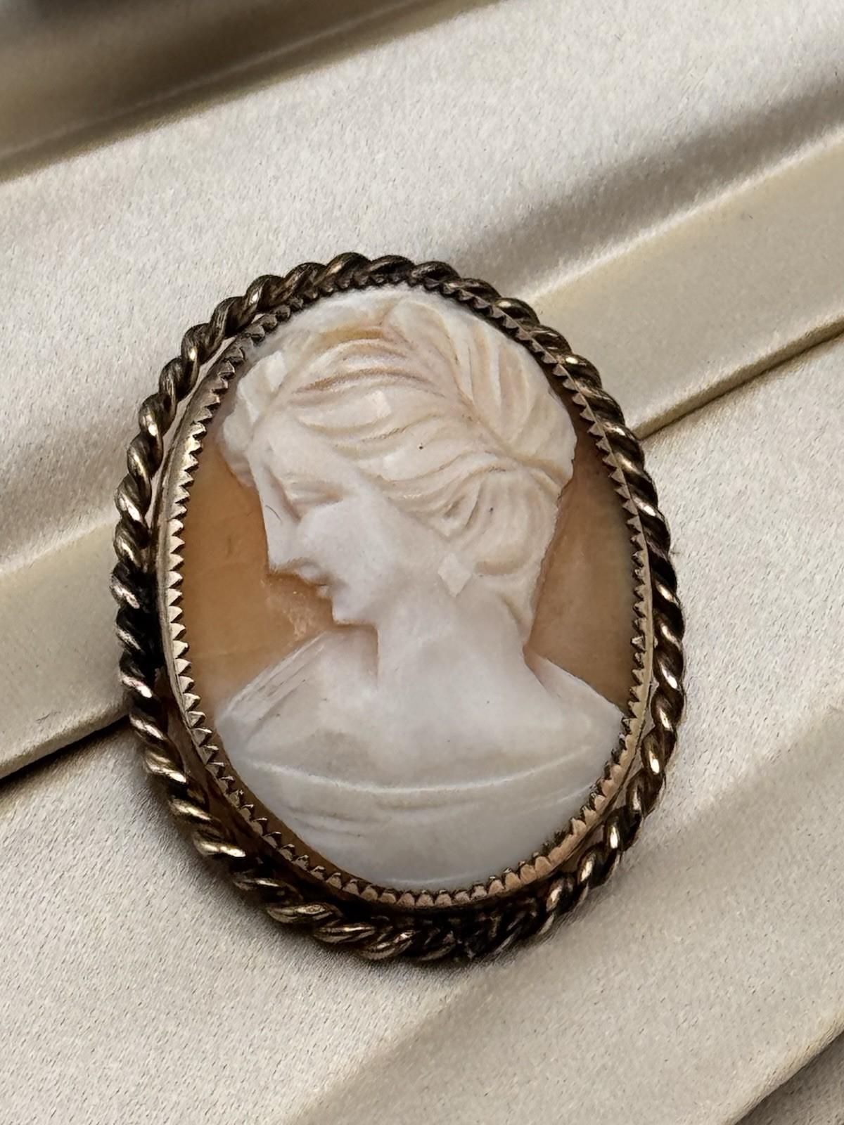 Vintage Goldtone Cameo Brooch Pendant Left Facing Lady Rope Frame