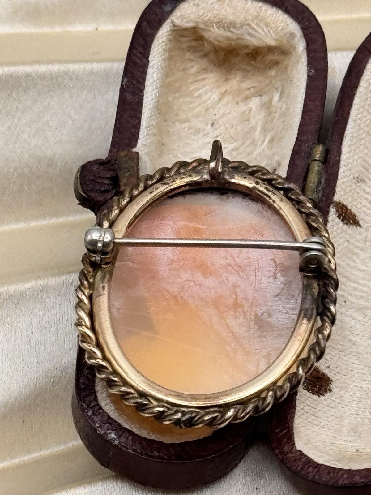 Vintage Goldtone Cameo Brooch Pendant Left Facing Lady Rope Frame