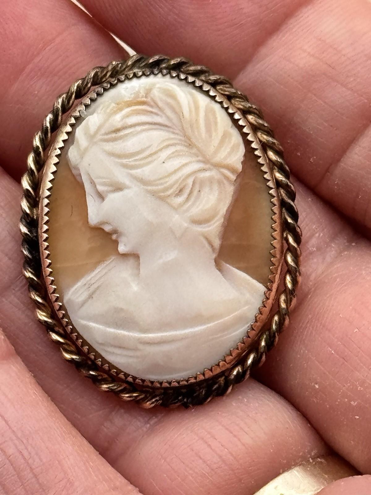 Vintage Goldtone Cameo Brooch Pendant Left Facing Lady Rope Frame