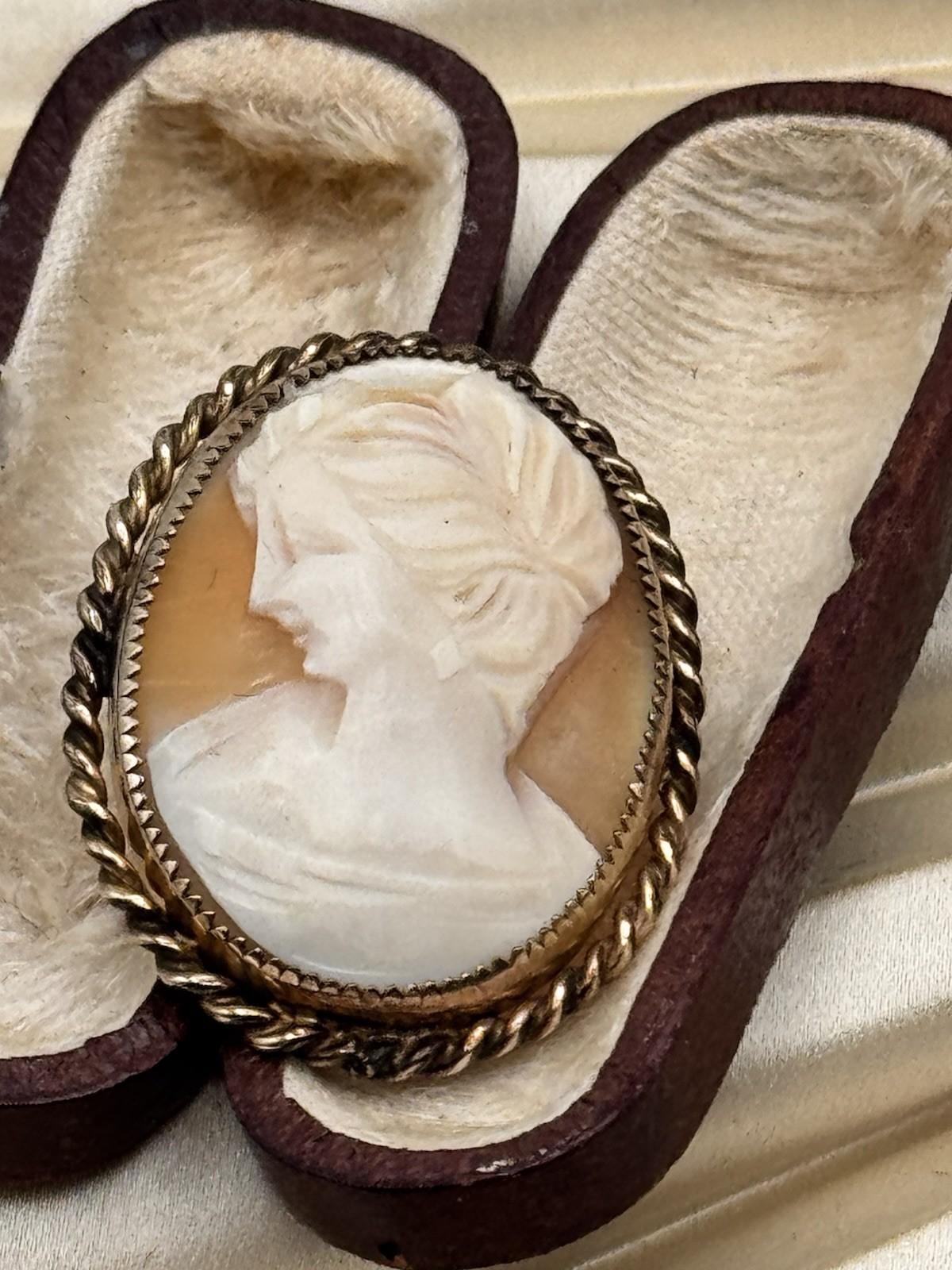 Vintage Goldtone Cameo Brooch Pendant Left Facing Lady Rope Frame
