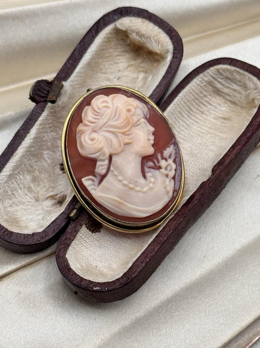 Cameo Brooch Pendant Goldtone Shell Carved Lady Floral 1.25” Vintage Estate