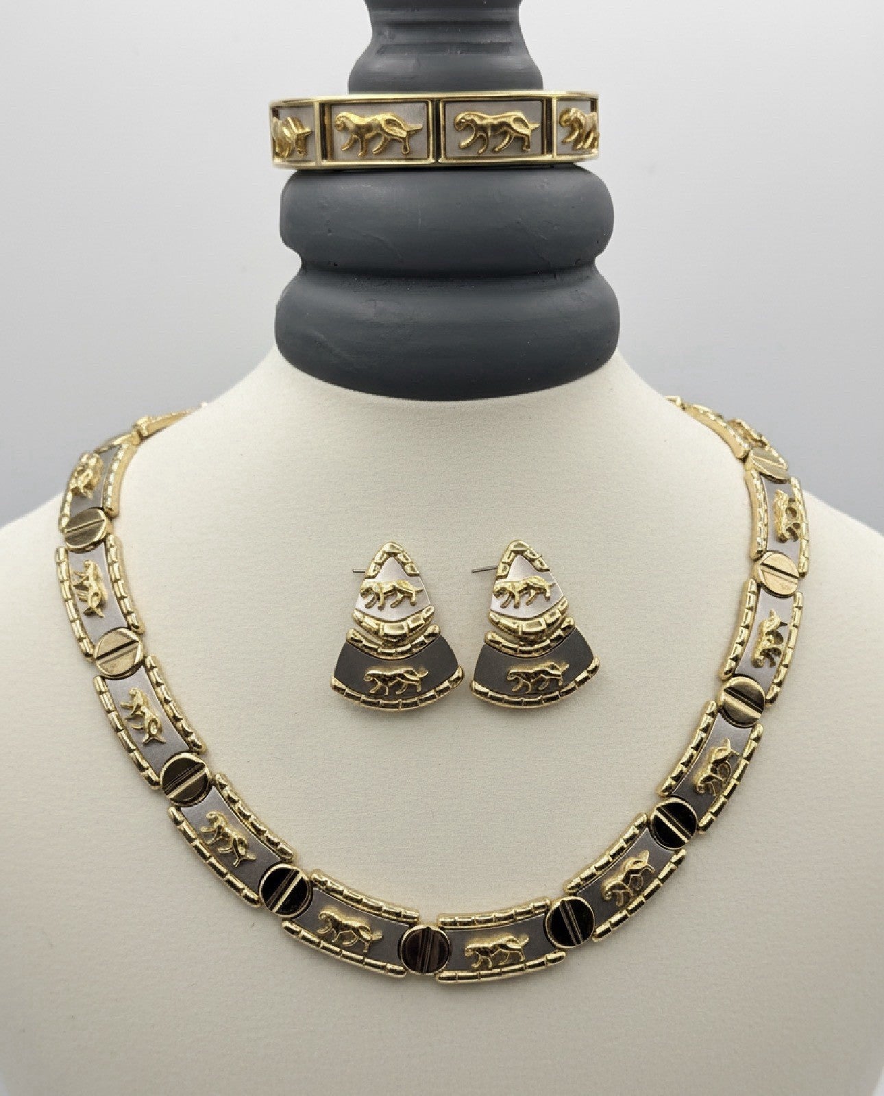Vintage Two Tone Panther Necklace Bracelet Earrings Set 1990 Power Set
