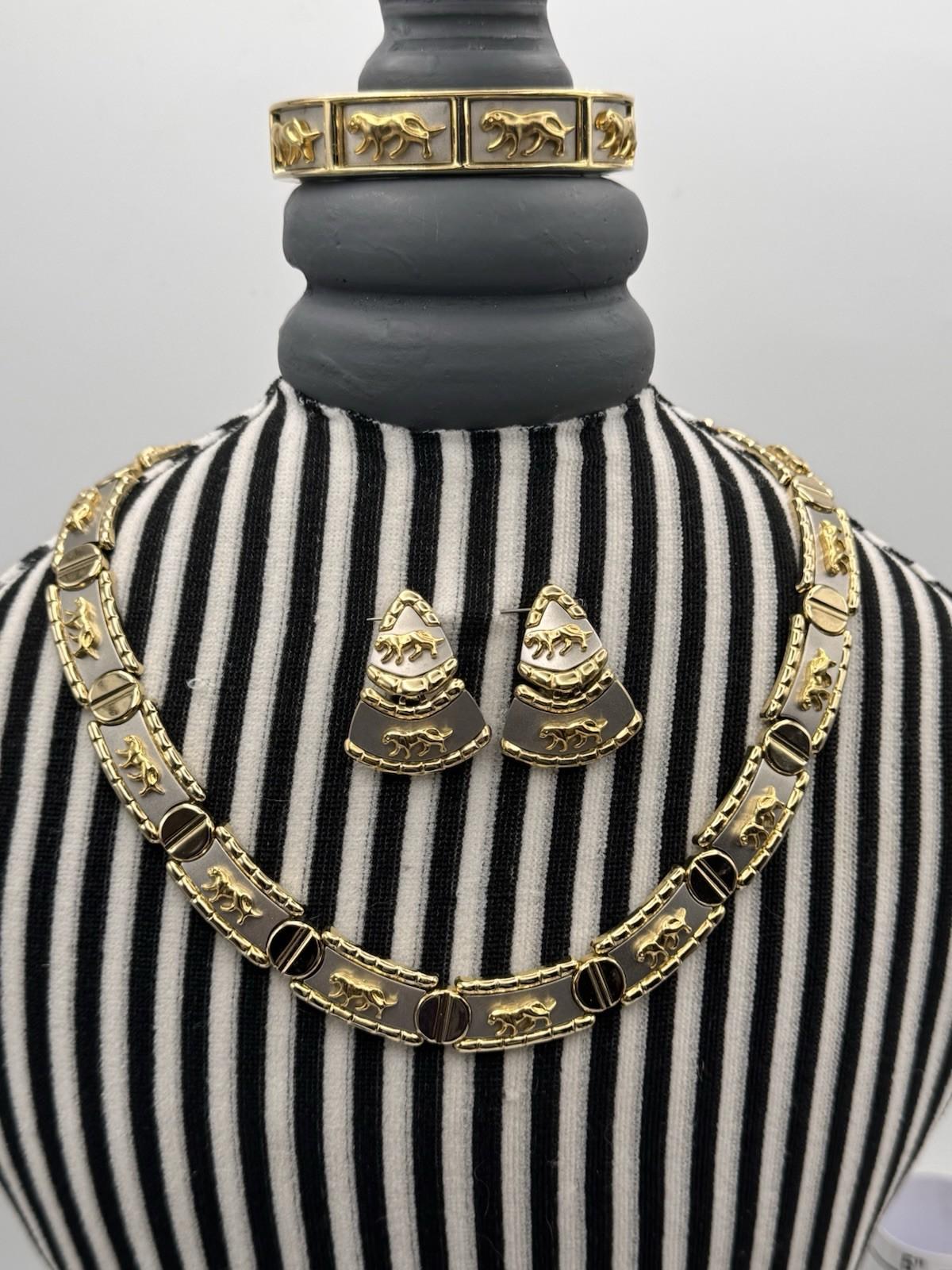 Vintage Two Tone Panther Necklace Bracelet Earrings Set 1990 Power Set