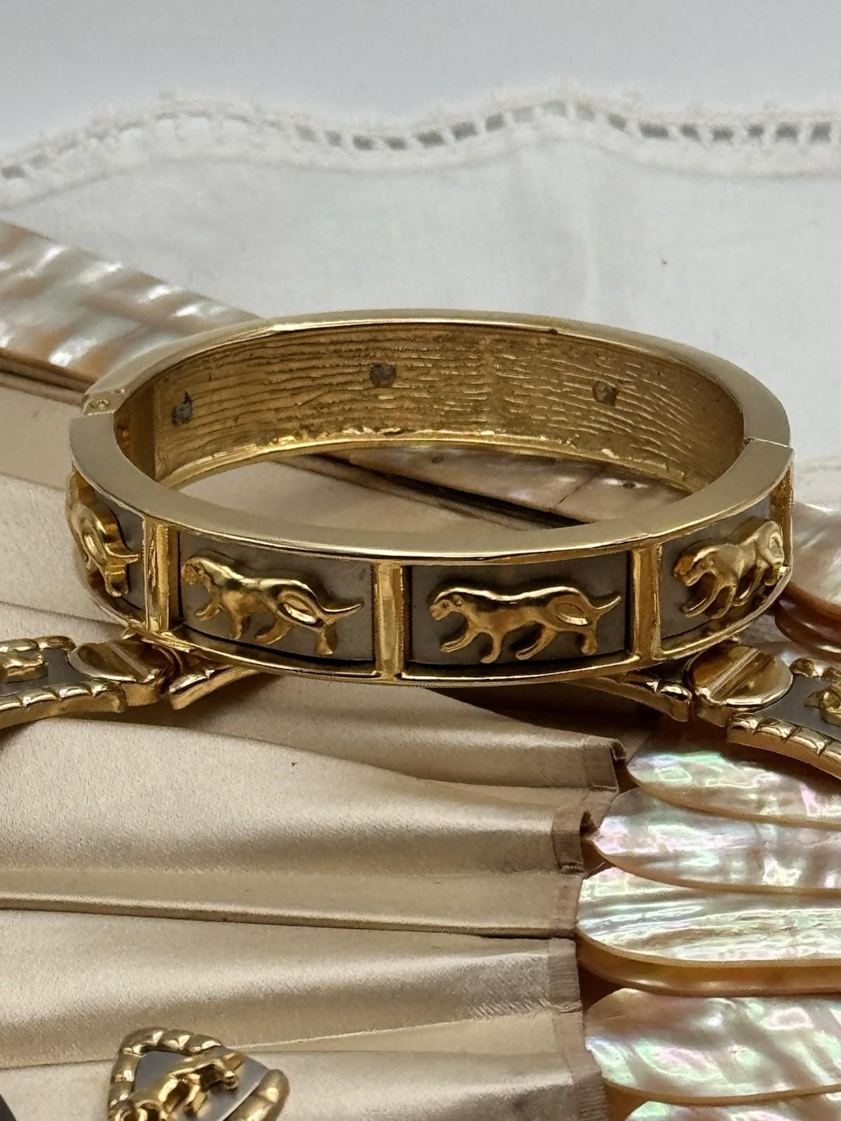 Vintage Two Tone Panther Necklace Bracelet Earrings Set 1990 Power Set