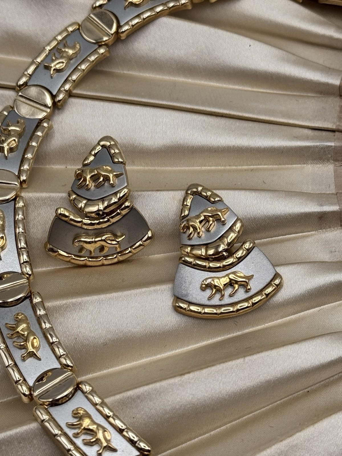 Vintage Two Tone Panther Necklace Bracelet Earrings Set 1990 Power Set