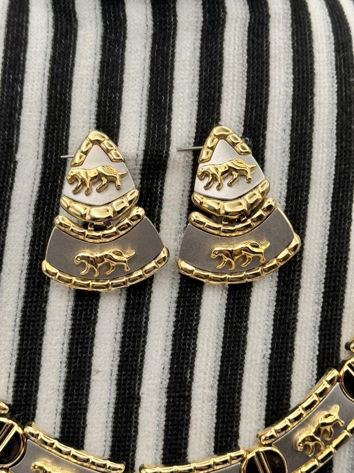Vintage Two Tone Panther Necklace Bracelet Earrings Set 1990 Power Set