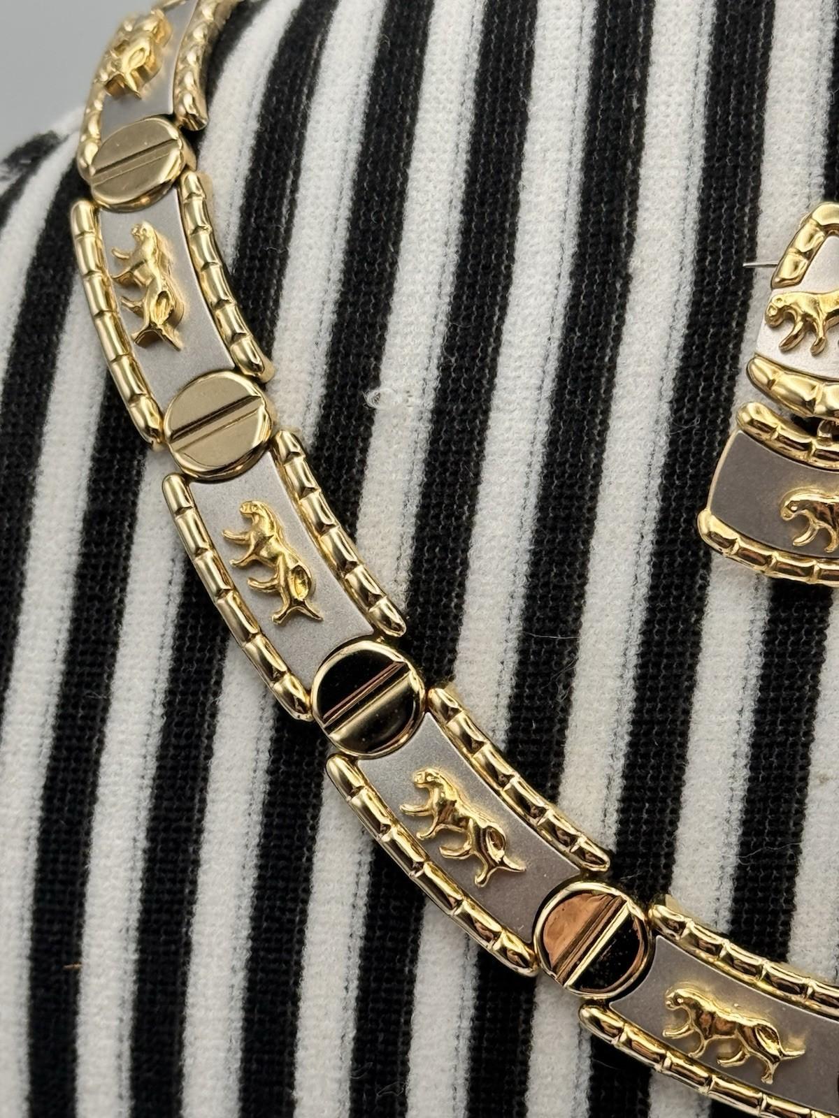 Vintage Two Tone Panther Necklace Bracelet Earrings Set 1990 Power Set