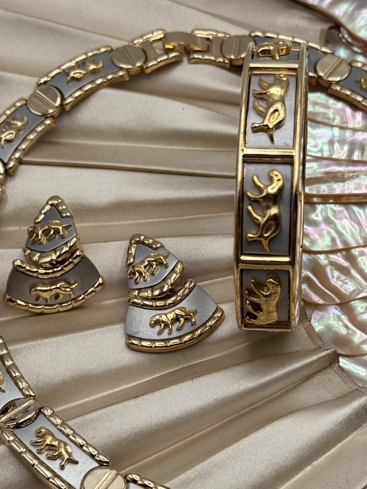 Vintage Two Tone Panther Necklace Bracelet Earrings Set 1990 Power Set