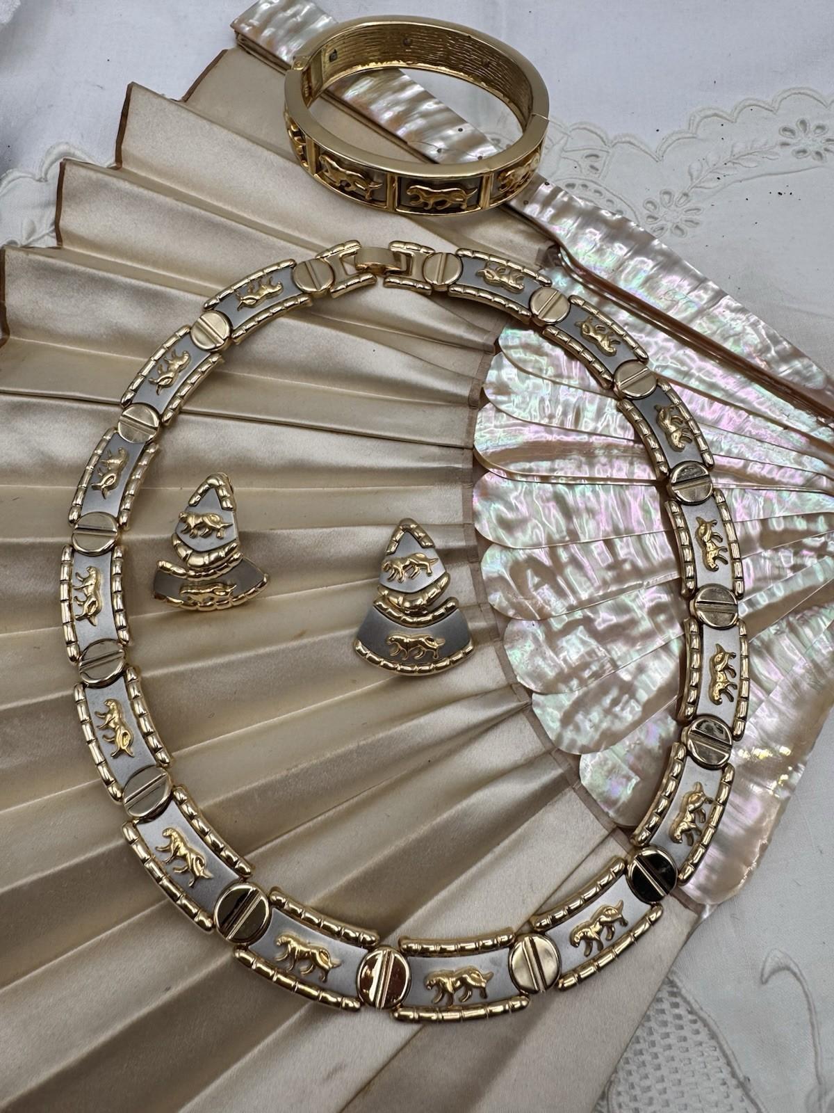 Vintage Two Tone Panther Necklace Bracelet Earrings Set 1990 Power Set