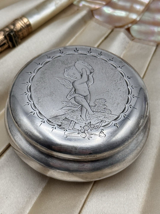 Antique Pill Powder Box STERLING Cupid Engraved Keepsake Hair Locket Case 2”