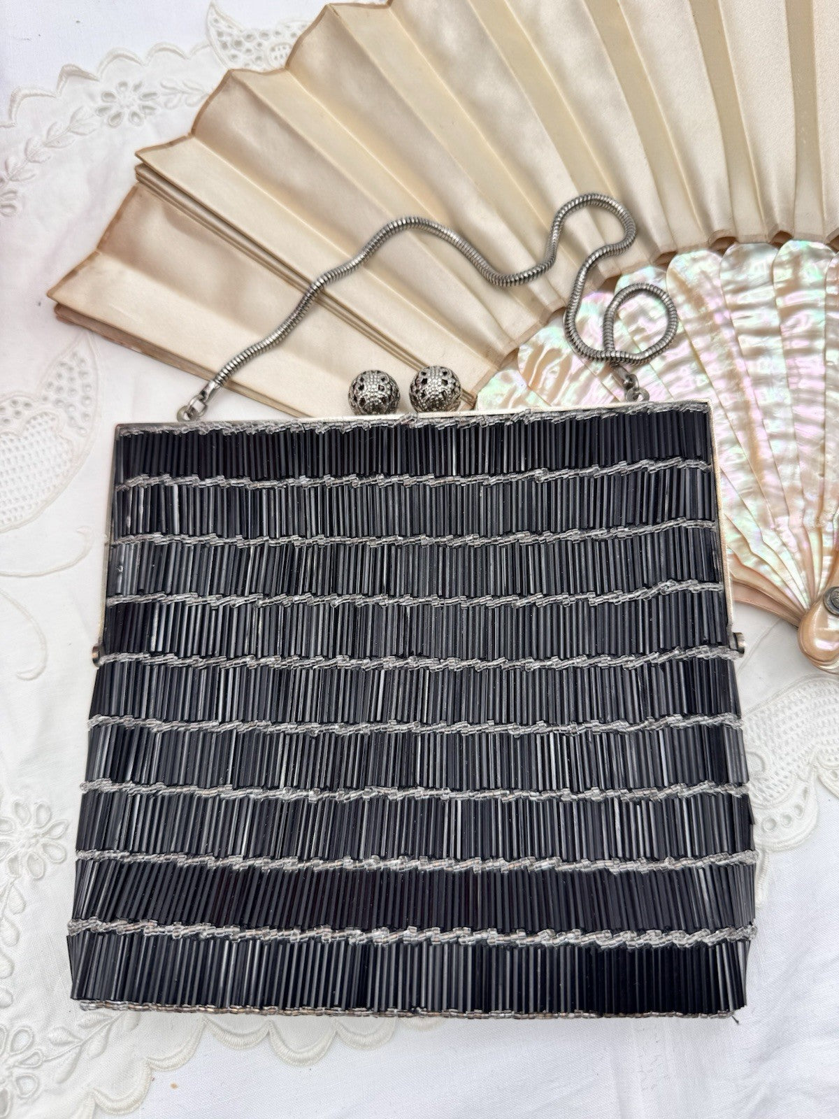 Art Deco Style Beaded Clutch Black Bugle Bead Evening Bag Silver Frame