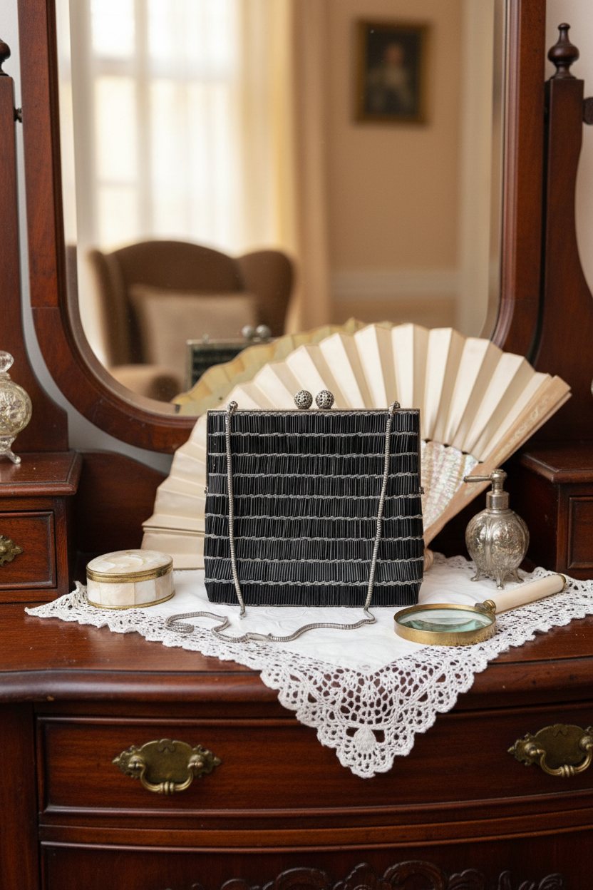 Art Deco Style Beaded Clutch Black Bugle Bead Evening Bag Silver Frame