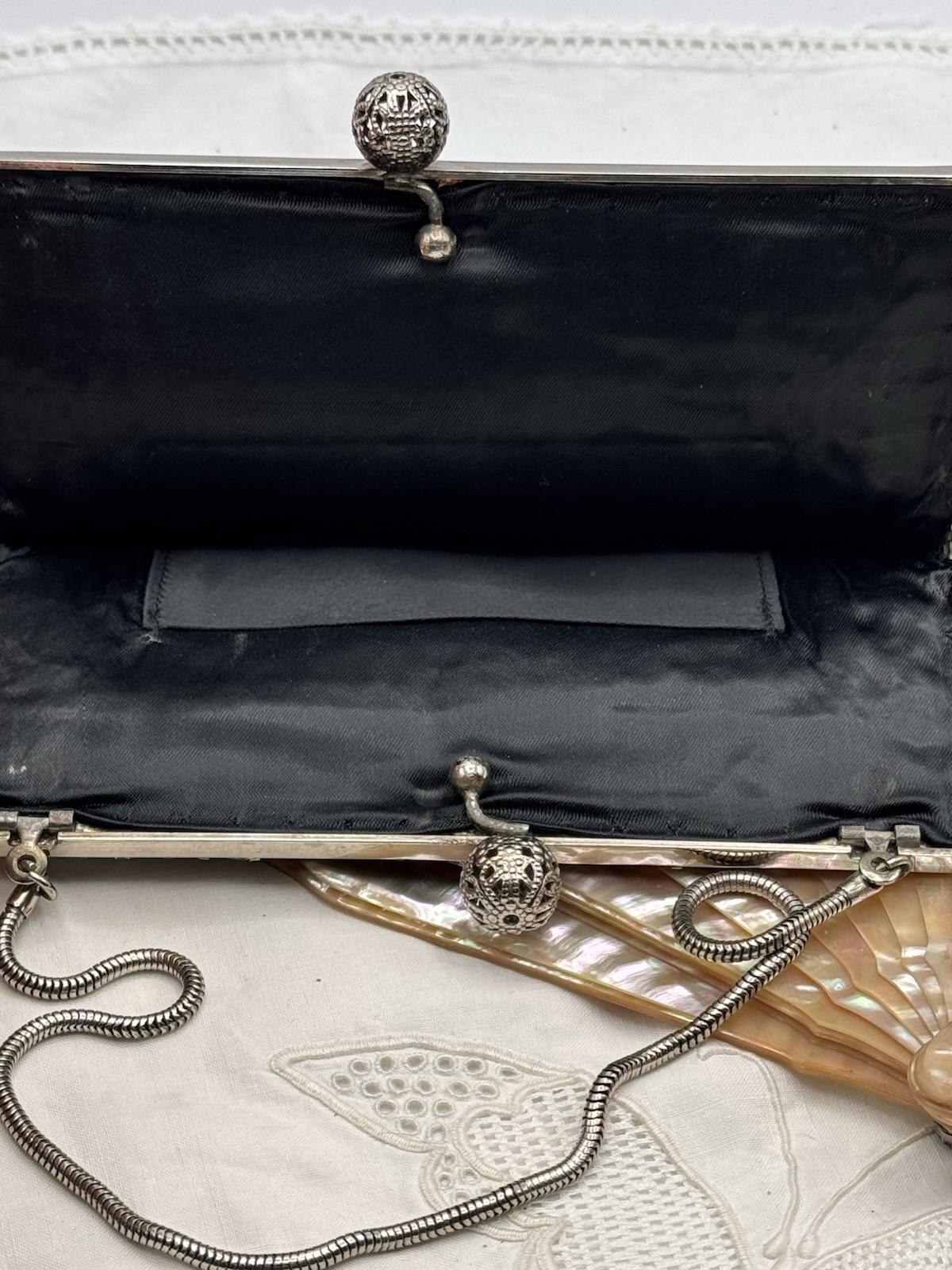 Art Deco Style Beaded Clutch Black Bugle Bead Evening Bag Silver Frame