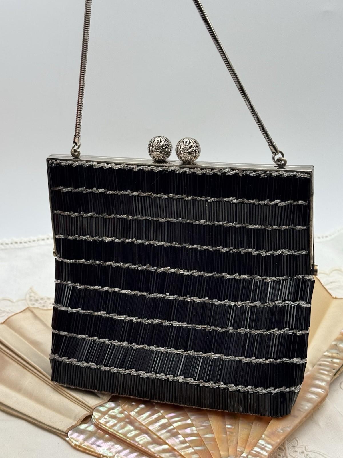 Art Deco Style Beaded Clutch Black Bugle Bead Evening Bag Silver Frame