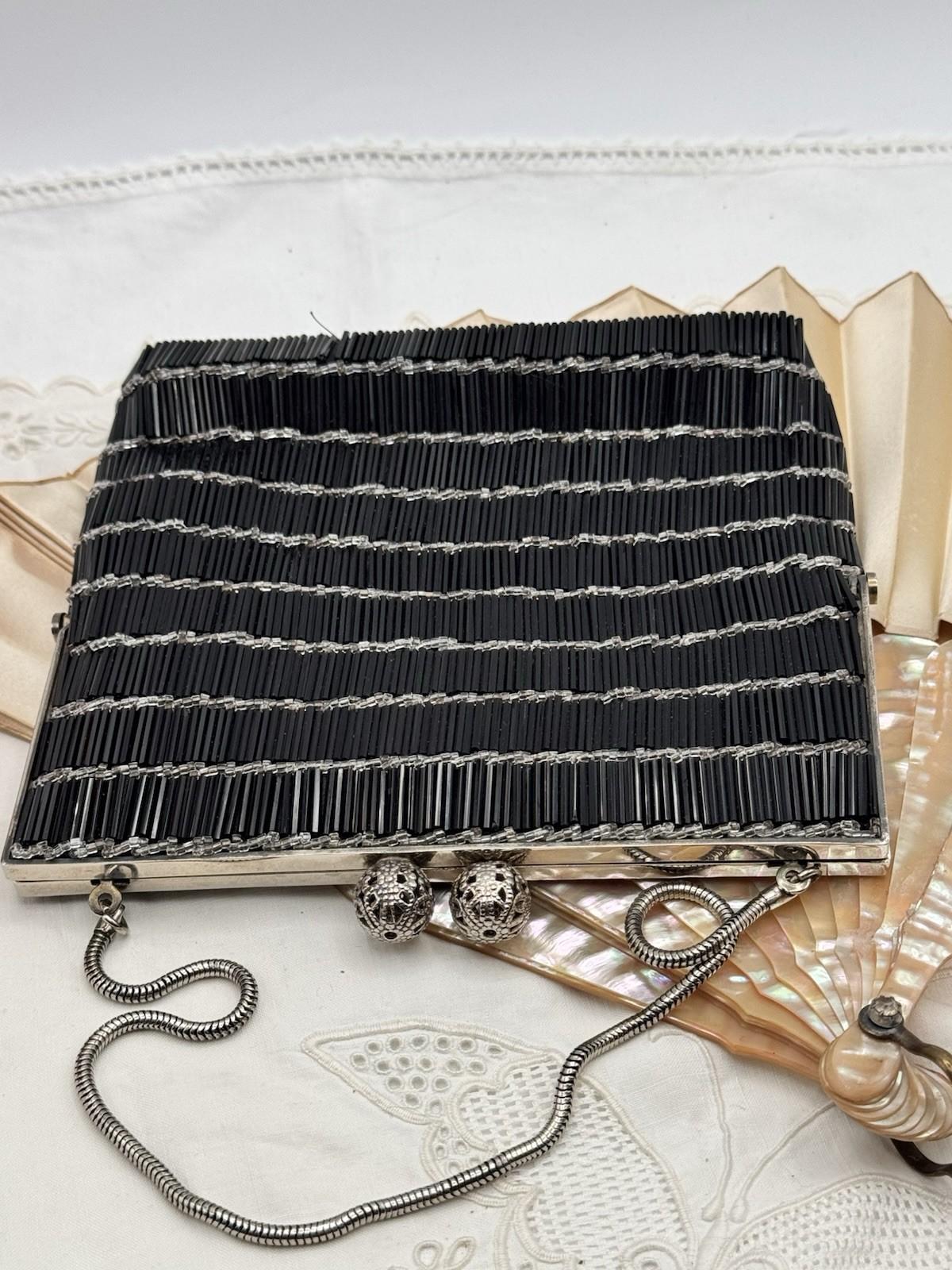 Art Deco Style Beaded Clutch Black Bugle Bead Evening Bag Silver Frame