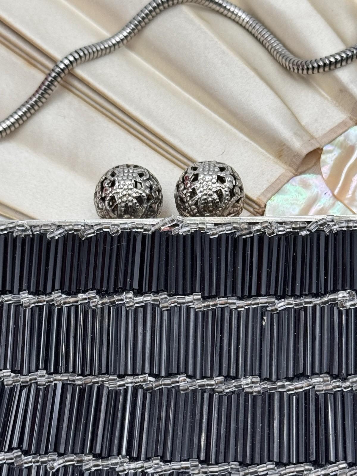 Art Deco Style Beaded Clutch Black Bugle Bead Evening Bag Silver Frame