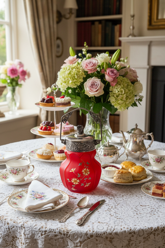 Victorian Cranberry Satin Glass Biscuit Jar Enamel Silverplate Mount