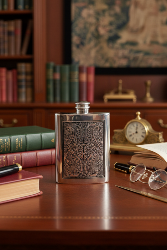 Celtic Pewter Hip Flask 4” Pocket Size Celtic Knot Engraved Screw Cap