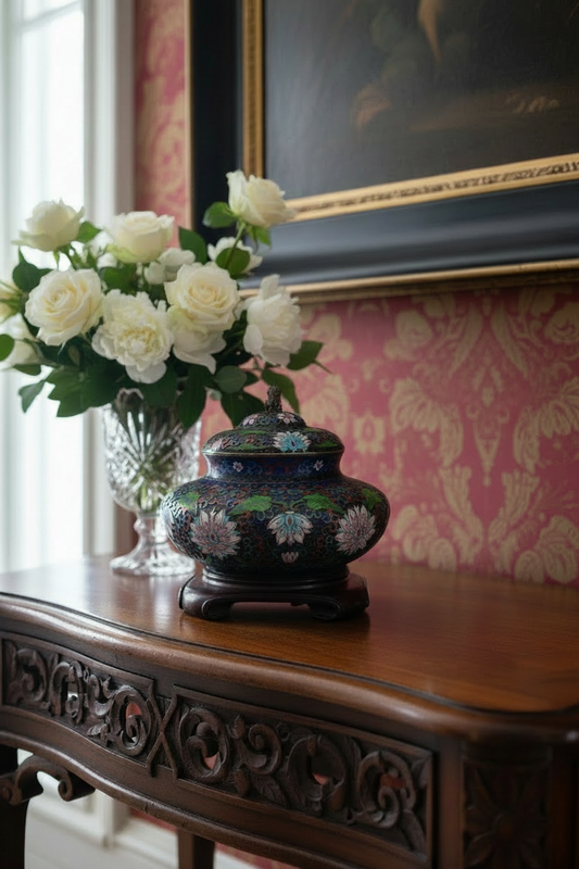 Large Cloisonné Lidded Bowl / Jar With Wood Stand Foo Dog Finial READ‼️