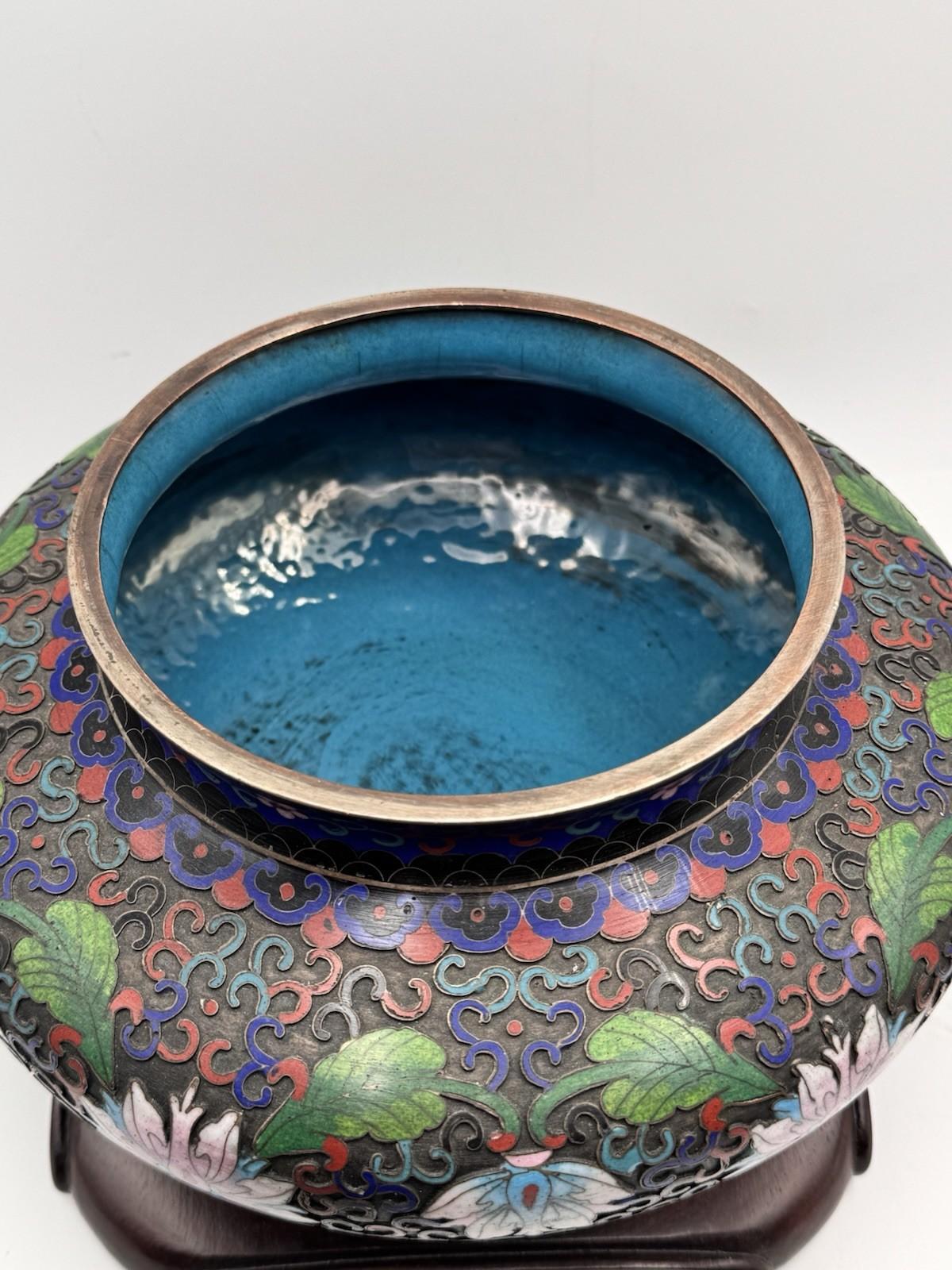 Large Cloisonné Lidded Bowl / Jar With Wood Stand Foo Dog Finial READ‼️