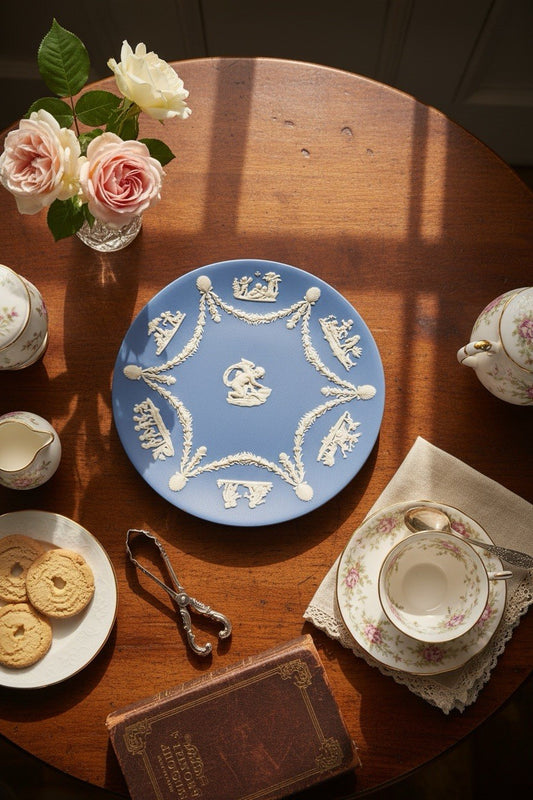 Wedgwood Jasperware Plate Blue White Cupid Cherub Relief 9 Inch