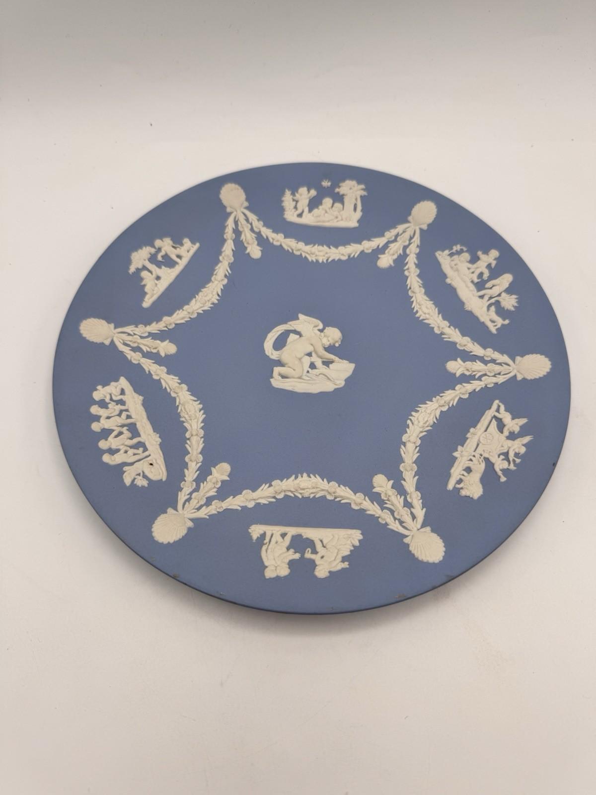 Wedgwood Jasperware Plate Blue White Cupid Cherub Relief 9 Inch