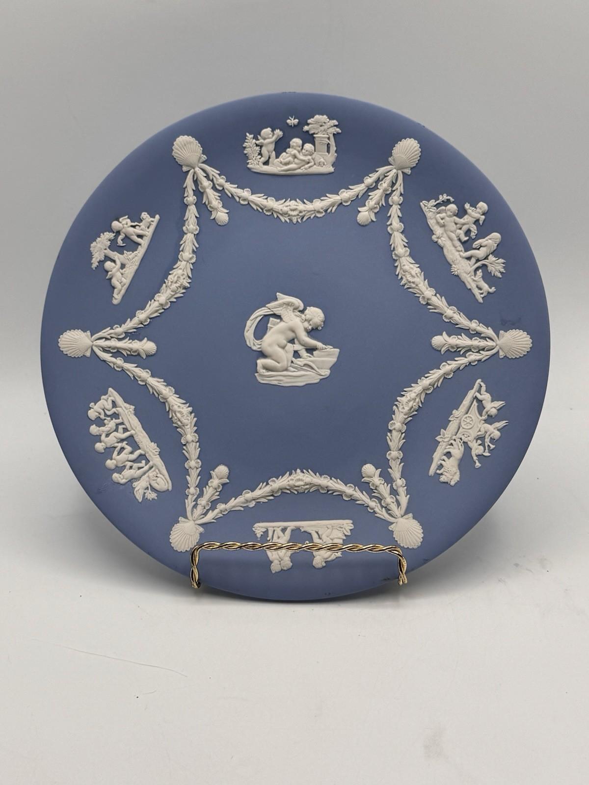 Wedgwood Jasperware Plate Blue White Cupid Cherub Relief 9 Inch