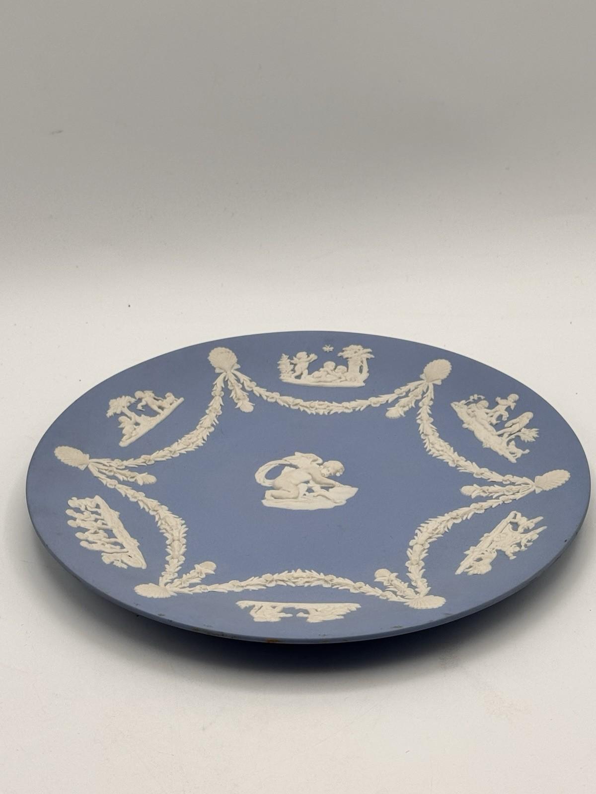 Wedgwood Jasperware Plate Blue White Cupid Cherub Relief 9 Inch