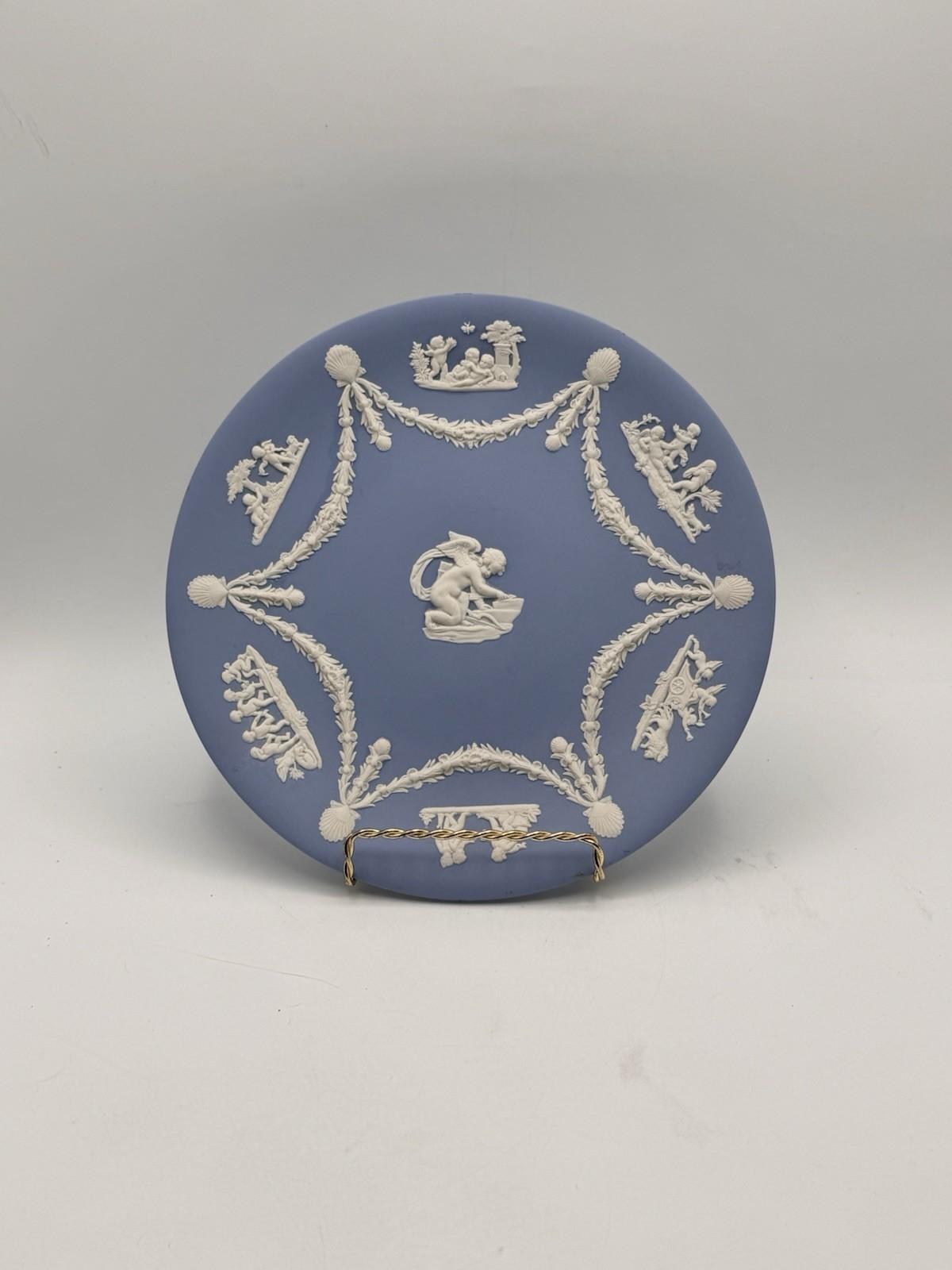 Wedgwood Jasperware Plate Blue White Cupid Cherub Relief 9 Inch