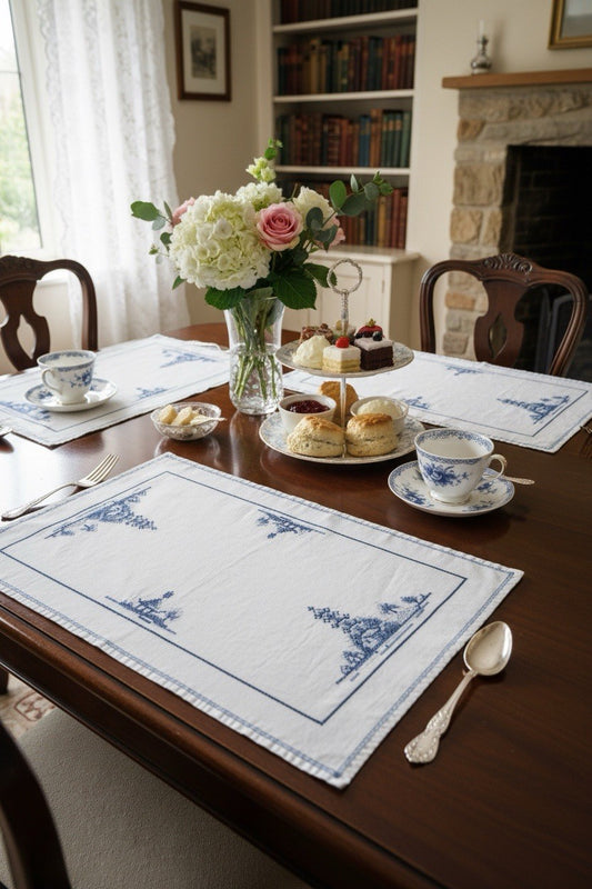 Vintage Pagoda Cross Stitch Placemats Set Of 8 Blue White Chinoiserie 12x18