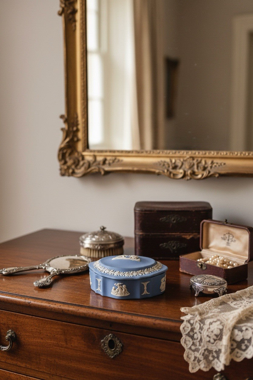 Wedgwood Jasperware Trinket Box Blue White Relief 4.5”